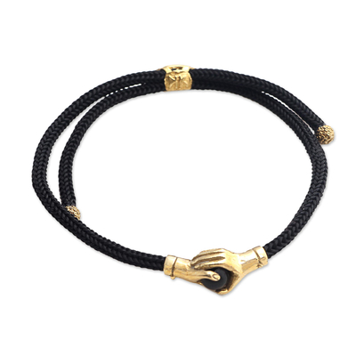 Brass and obsidian unity bracelet, 'Golden Handshake' - Brass and Black Obsidian Cord Unity Bracelet from Bali