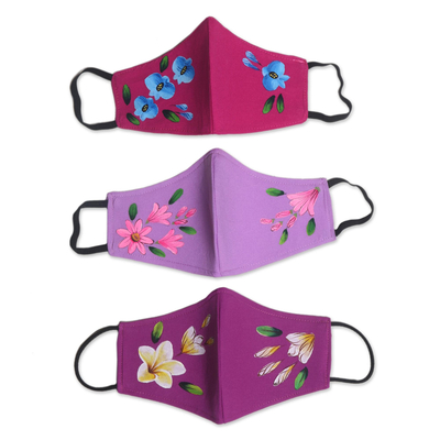 Hand painted face masks, 'Purple Floral Trio' (set of 3) - 3 Hand-Painted Floral Crepe Face Masks 2 Purple/1 Red