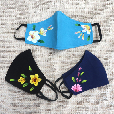 Hand painted face masks, 'Lovely Floral Trio' (set of 3) - 3 Hand-Painted Floral Crepe Face Masks Navy-Turquoise-Black