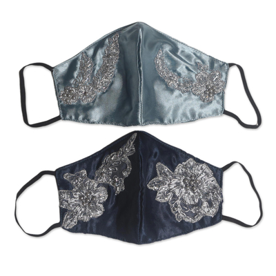 Gesichtsmasken aus Perlenspitze, 'Glamorous in Blue' (Paar) - 2 blaue handgeperlte Spitzenapplikationsmasken aus Bali