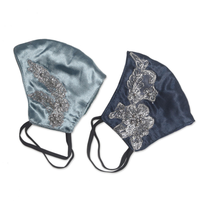 Beaded lace face masks, 'Glamorous in Blue' (pair) - 2 Blue Hand-Beaded Lace Applique Face Masks from Bali