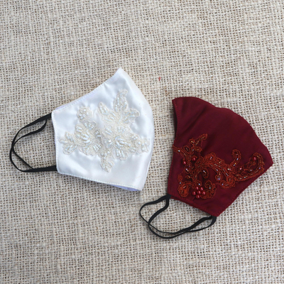 Beaded lace face masks, 'Glamorous in Wine and White' (pair) - 1 Burgundy 1 White Beaded Lace Applique Face Masks from Bali