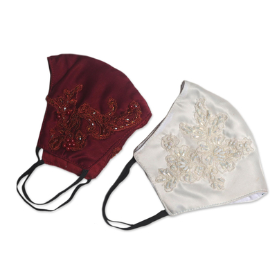 Beaded lace face masks, 'Glamorous in Wine and White' (pair) - 1 Burgundy 1 White Beaded Lace Applique Face Masks from Bali