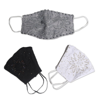 Beaded rayon lace face masks, 'Island Fashion' (set of 3) - 1 Grey-1 White-1 Grey Beaded Lace Balinese Face Masks