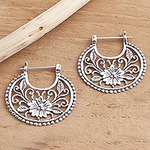 Balinese Sterling Silver Hoop Earrings, 'Floral Curves'