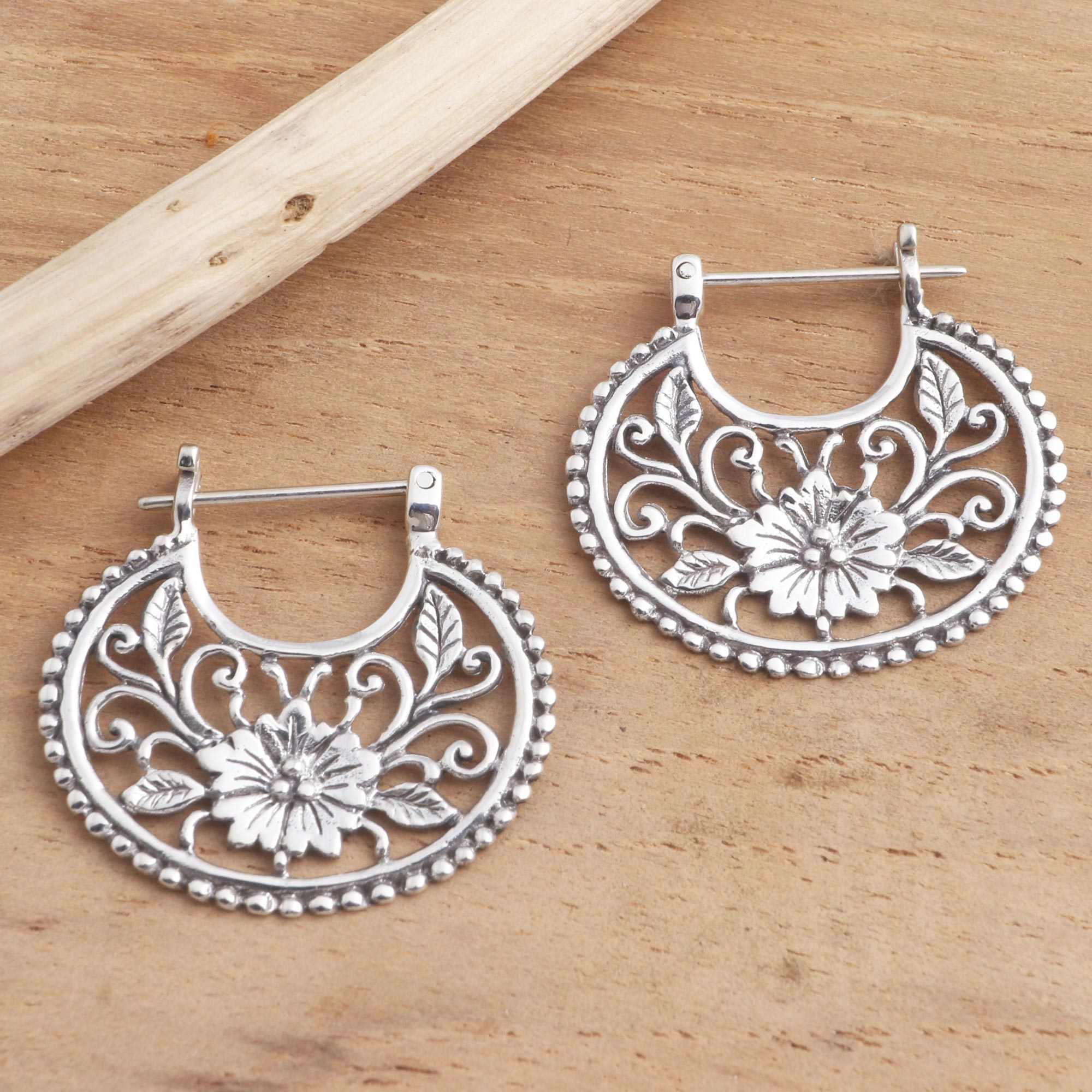 Balinese Sterling Silver Hoop Earrings - Floral Curves | NOVICA
