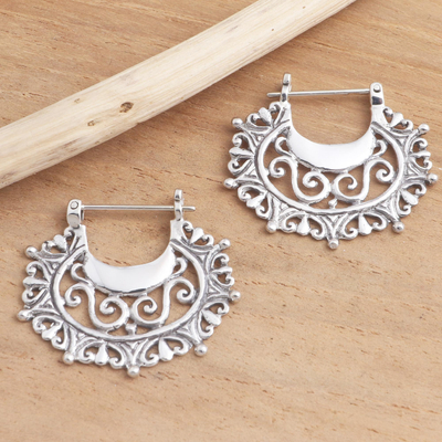Sterling silver hoop earrings, 'Engraved Curves' - Balinese Sterling Silver Hoop Earrings