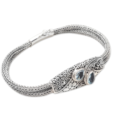 Blue topaz pendant bracelet, 'Two Pears' - Balinese Sterling Silver Pendant Bracelet with Blue Topaz