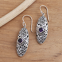 Amethyst dangle earrings, 'Flower Shield' - Dangle Earrings with Amethyst and Sterling Silver