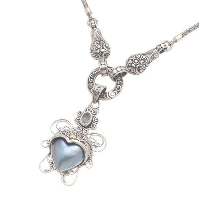 Cultured mabe pearl and blue topaz pendant necklace, 'Badung Blue' - Blue Cultured Mabe Pearl Necklace with Blue Topaz