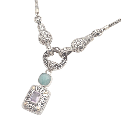 Gold-accented pendant Y-necklace, 'Royal Table' - Amazonite and Amethyst Pendant Y-Necklace Gold Plated Accent