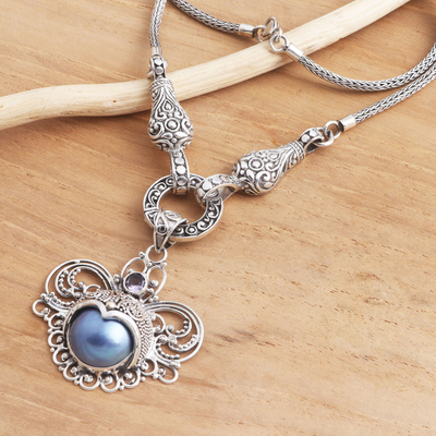 Halskette mit Anhänger aus kultivierten Mabe-Perlen und Amethyst - Herz-Halskette mit Amethyst und kultivierten Mabe-Perlen
