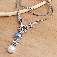 Cultured mabe pearl Y-necklace, 'Badung Belle' - Blue and White Cultured Mabe Pearl Necklace