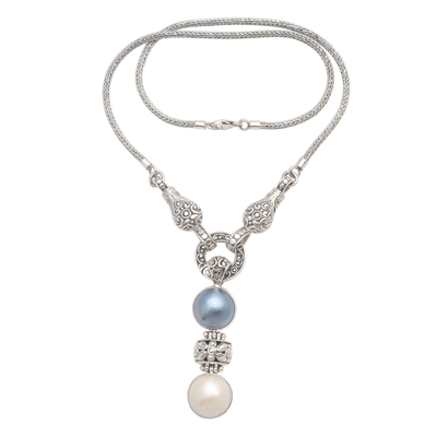 Cultured mabe pearl Y-necklace, 'Badung Belle' - Blue and White Cultured Mabe Pearl Necklace