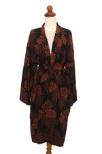 Short rayon batik robe, 'Tropical Leaves' - Handmade Batik Printed Rayon Robe