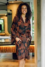 Short rayon batik robe, 'Tropical Leaves' - Handmade Batik Printed Rayon Robe