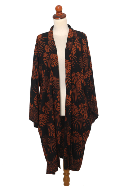Short rayon batik robe, 'Tropical Leaves' - Handmade Batik Printed Rayon Robe