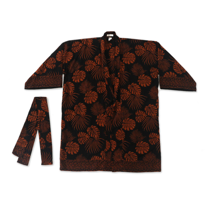 Short rayon batik robe, 'Tropical Leaves' - Handmade Batik Printed Rayon Robe