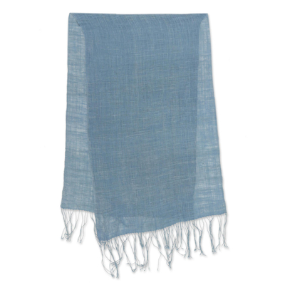 Natural indigo dyed cotton shawl, 'Morning Indigo' - Light Indigo Hand Spun and Woven Cotton Shawl