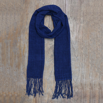 Natural indigo dyed cotton shawl, 'Midnight Indigo' - Hand Woven All Cotton Shawl in Dark Indigo