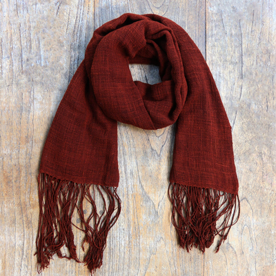 Hand woven cotton shawl, 'Ceriops Royal Rust' - Dark Rust Hand Spun and Woven Cotton Shawl