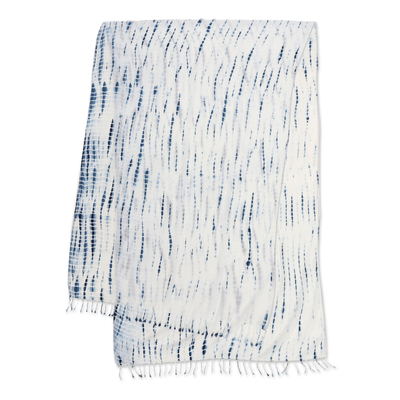 Natural dyes hand woven rayon shawl, 'Tropical Rain' - White and Blue Rayon Shawl Made with Natural Dyes