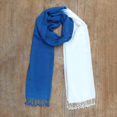 Natural dyes hand woven rayon shawl, 'Night and Day' - Blue and White Hand Crafted Rayon Shawl
