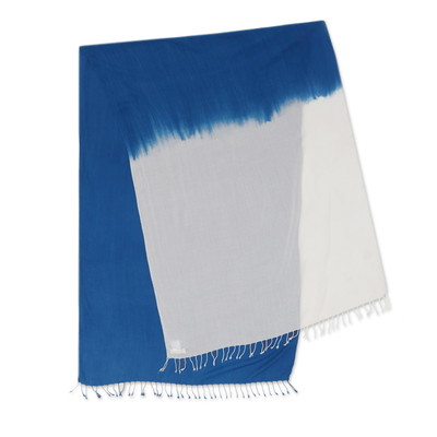 Natural dyes hand woven rayon shawl, 'Night and Day' - Blue and White Hand Crafted Rayon Shawl