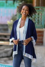 Natural dyes hand woven rayon kimono, 'Indigo Rain' - Natural Indigo and White Open Rayon Kimono Jacket