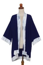 Natural dyes hand woven rayon kimono, 'Indigo Rain' - Natural Indigo and White Open Rayon Kimono Jacket