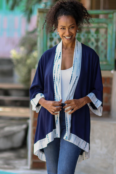 Natural dyes hand woven rayon kimono, 'Indigo Rain' - Natural Indigo and White Open Rayon Kimono Jacket