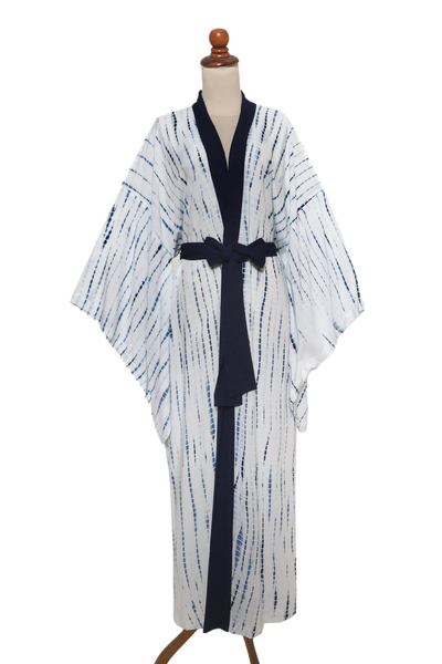 Kimono-Style Rayon Robe in White and Indigo