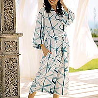 Natural dyes hand woven cotton robe, 'Web of Life' - Natural Indigo and White Print All Cotton Kimono