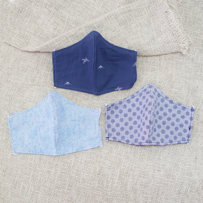 Cotton face masks, 'Sky Inspiration' (set of 3) - 3 Filter Pocket Double Cotton Print Masks in Blue Shades