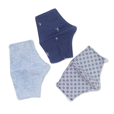 Gesichtsmasken aus Baumwolle, (3er-Set) - doppelte Baumwoll-Druckmasken mit 3 Filtertaschen in Blautönen