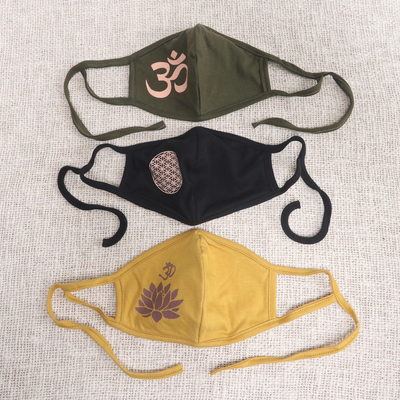 Jersey knit face masks, 'Positive Mantras' (set of 3) - 1 Olive Green-1 Black-One 2-Layer Contoured Rayon Masks