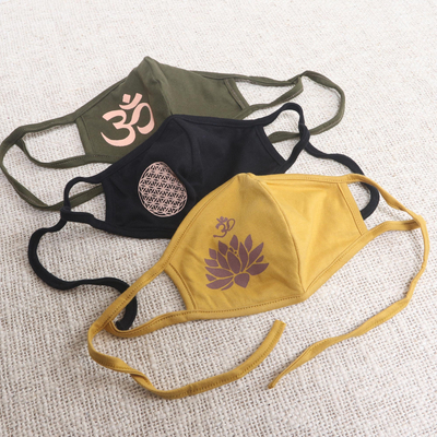 Jersey knit face masks, 'Positive Mantras' (set of 3) - 1 Olive Green-1 Black-One 2-Layer Contoured Rayon Masks