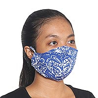 Rayon batik face masks, 'Blue Island Foliage' (set of 3) - 3 Blue and White Rayon Batik Face Masks Crafted in Bali