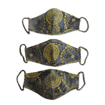 Rayon batik face masks, 'Sunny Island Wind' (set of 3) - 3 Smoky Grey and Citron Yellow Balinese Batik Face Masks