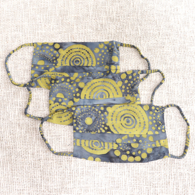 Rayon batik face masks, 'Pleated Sunny Island Wind' (set of 3) - 3 Smoky Grey & Citron Yellow Pleated Batik Face Masks