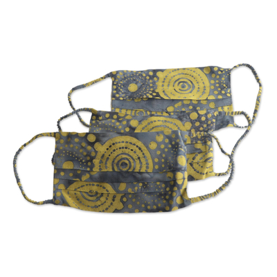 Rayon batik face masks, 'Pleated Sunny Island Wind' (set of 3) - 3 Smoky Grey & Citron Yellow Pleated Batik Face Masks