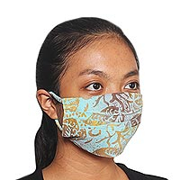 Rayon batik face masks, 'Pleated Island Sky' (set of 3) - 3 Balinese Blue and Brown Pleated Rayon Batik Face Masks