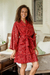Short cotton batik robe, 'Red Floral Kimono' - Hand Made Batik Printed Cotton Robe (image 2) thumbail