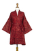 Short cotton batik robe, 'Red Floral Kimono' - Hand Made Batik Printed Cotton Robe