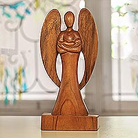 Escultura de madera, 'Ángel de la guarda' - Escultura de ángel y bebé de madera tallada a mano