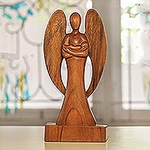 Hand Carved Wood Angel and Baby Sculpture, 'Guardian Angel'