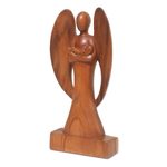 Wood sculpture, 'Guardian Angel' - Hand Carved Wood Angel and Baby Sculpture