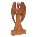Wood sculpture, 'Guardian Angel' - Hand Carved Wood Angel and Baby Sculpture