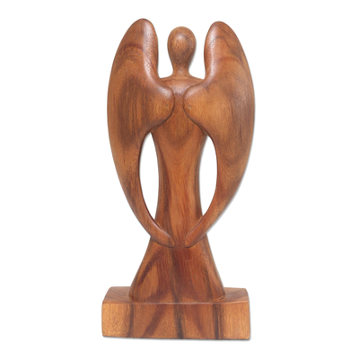 Wood sculpture, 'Guardian Angel' - Hand Carved Wood Angel and Baby Sculpture