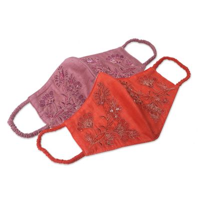Beaded cotton face masks, 'Balinese Glamour' (pair) - 2 Beaded Embroidered Cotton Face Masks in Orange and Pink